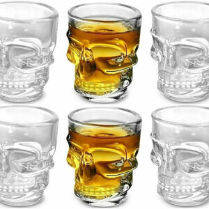 NEW Clear Glass Sculpted SKULL Shot glasses - Set of 6